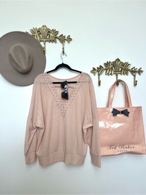 🆕Blush Pink Lace-Trim Knit Sweater Xl